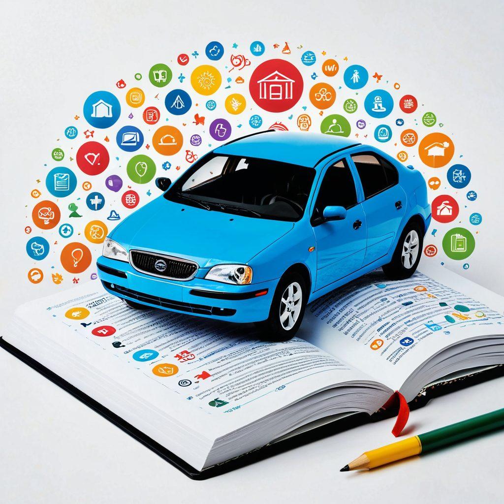 A magnifying glass hovering over an open book filled with insurance symbols and coverage options, surrounded by colorful charts comparing providers. Bright, engaging visuals of a family and a car symbolizing personal insurance and affordability. Concepts like savings and protection illustrated with playful icons in the background. super-realistic. vibrant colors. white background.