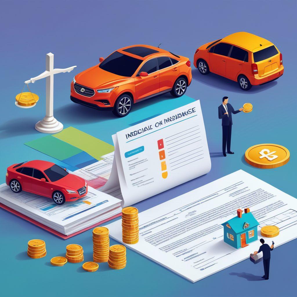A detailed illustration showcasing a scale balancing various insurance icons like home, health, and auto insurance policies on one side, and coins stacked high on the other, symbolizing financial evaluation. In the background, a diverse group of people consulting over documents and calculators, representing teamwork in making informed decisions about insurance solutions. Use a bright, inviting color palette to convey accessibility and clarity. vector art. vibrant colors.